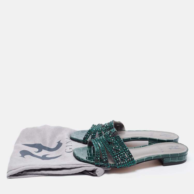 Pre Owned Gina Green Croc Embossed Patent Leather Visage Slide Sandals Size 37.5