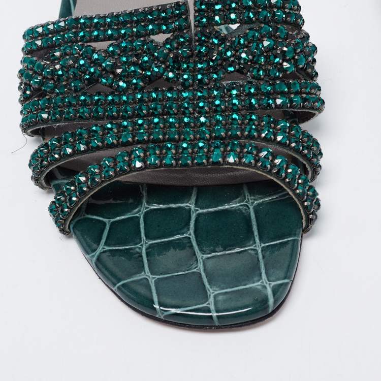 Pre Owned Gina Green Croc Embossed Patent Leather Visage Slide Sandals Size 37.5