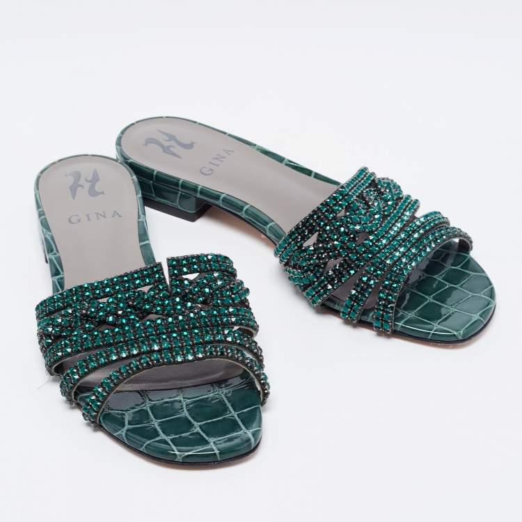 Pre Owned Gina Green Croc Embossed Patent Leather Visage Slide Sandals Size 37.5