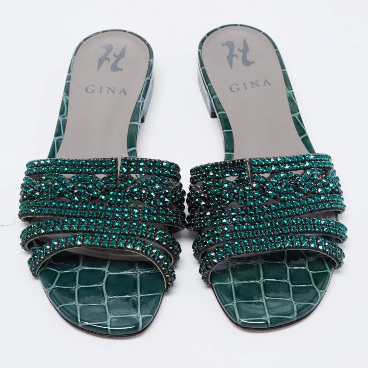 Pre Owned Gina Green Croc Embossed Patent Leather Visage Slide Sandals Size 37.5