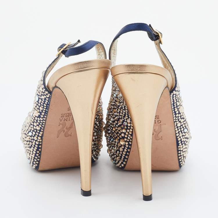 Pre Owned Gina Navy Blue Satin Crystal Embellished Peep-Toe Platform Slingback Sandals Size 39