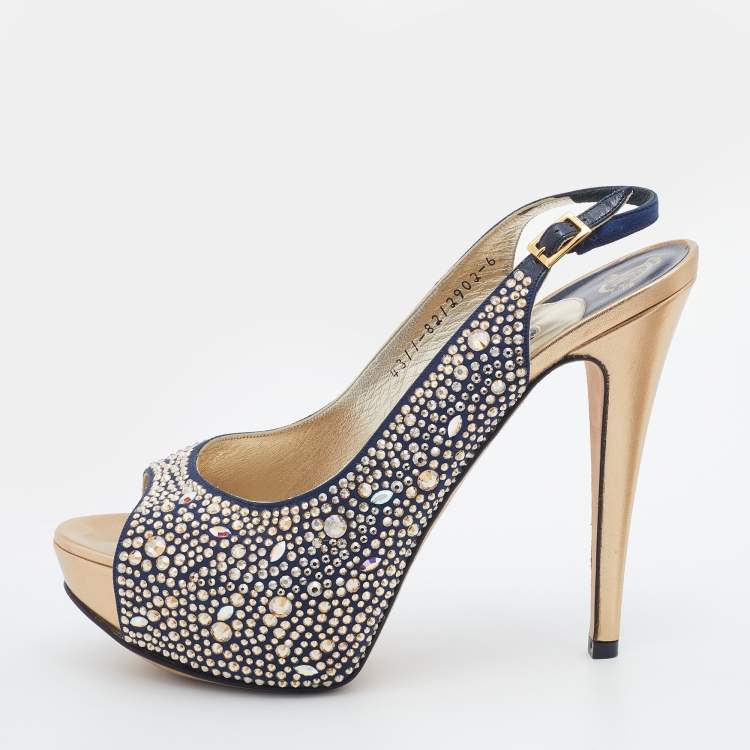 Pre Owned Gina Navy Blue Satin Crystal Embellished Peep-Toe Platform Slingback Sandals Size 39