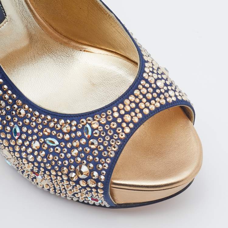 Pre Owned Gina Navy Blue Satin Crystal Embellished Peep-Toe Platform Slingback Sandals Size 39