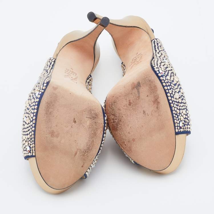 Pre Owned Gina Navy Blue Satin Crystal Embellished Peep-Toe Platform Slingback Sandals Size 39