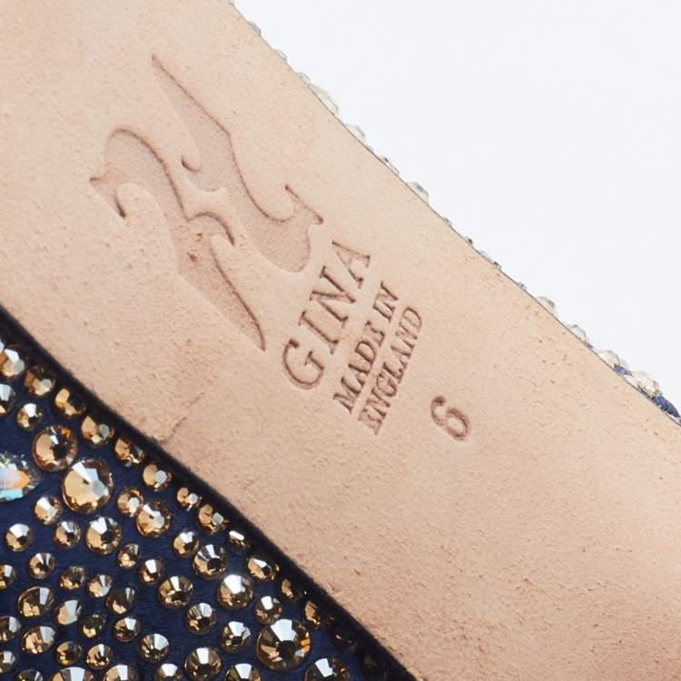 Pre Owned Gina Navy Blue Satin Crystal Embellished Peep-Toe Platform Slingback Sandals Size 39