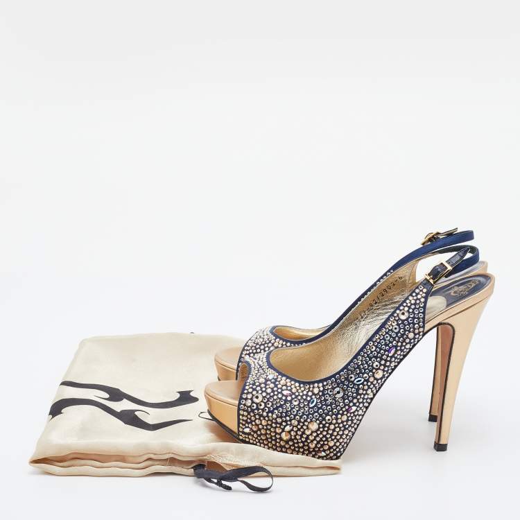 Pre Owned Gina Navy Blue Satin Crystal Embellished Peep-Toe Platform Slingback Sandals Size 39
