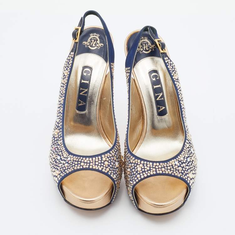 Pre Owned Gina Navy Blue Satin Crystal Embellished Peep-Toe Platform Slingback Sandals Size 39