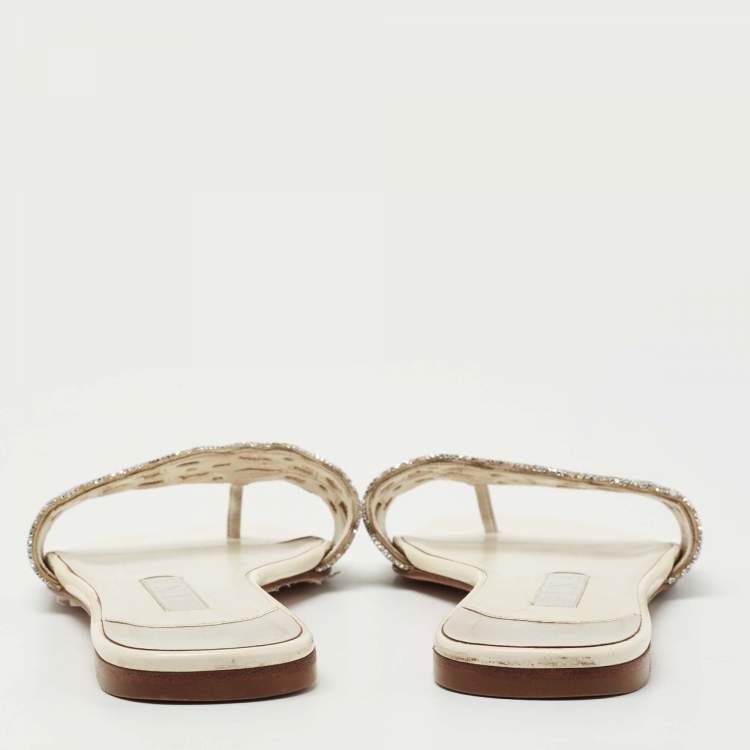Pre Owned Gina Cream/Silver Leather Crystal Embellished Flat Sandals Size 39
