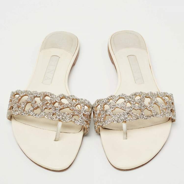 Pre Owned Gina Cream/Silver Leather Crystal Embellished Flat Sandals Size 39