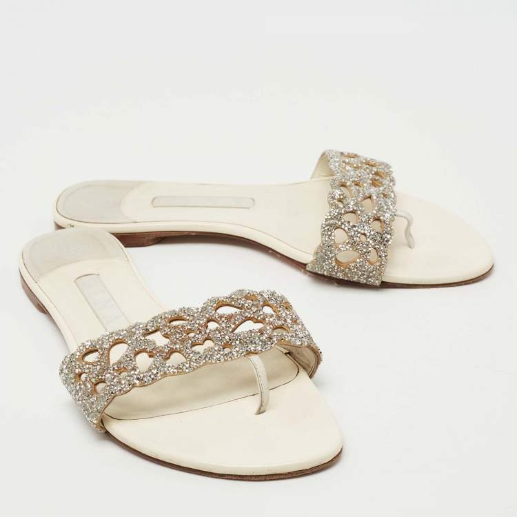 Pre Owned Gina Cream/Silver Leather Crystal Embellished Flat Sandals Size 39