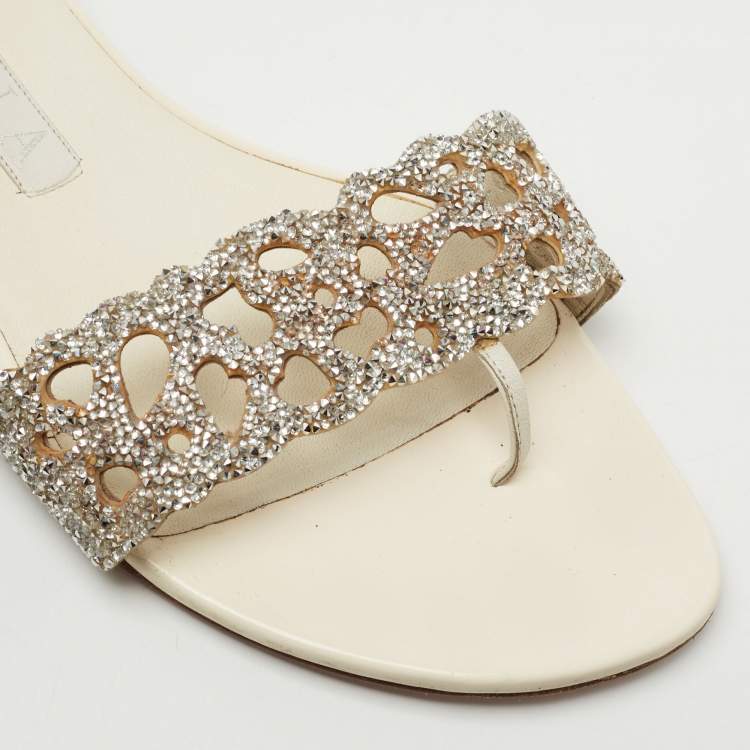 Pre Owned Gina Cream/Silver Leather Crystal Embellished Flat Sandals Size 39