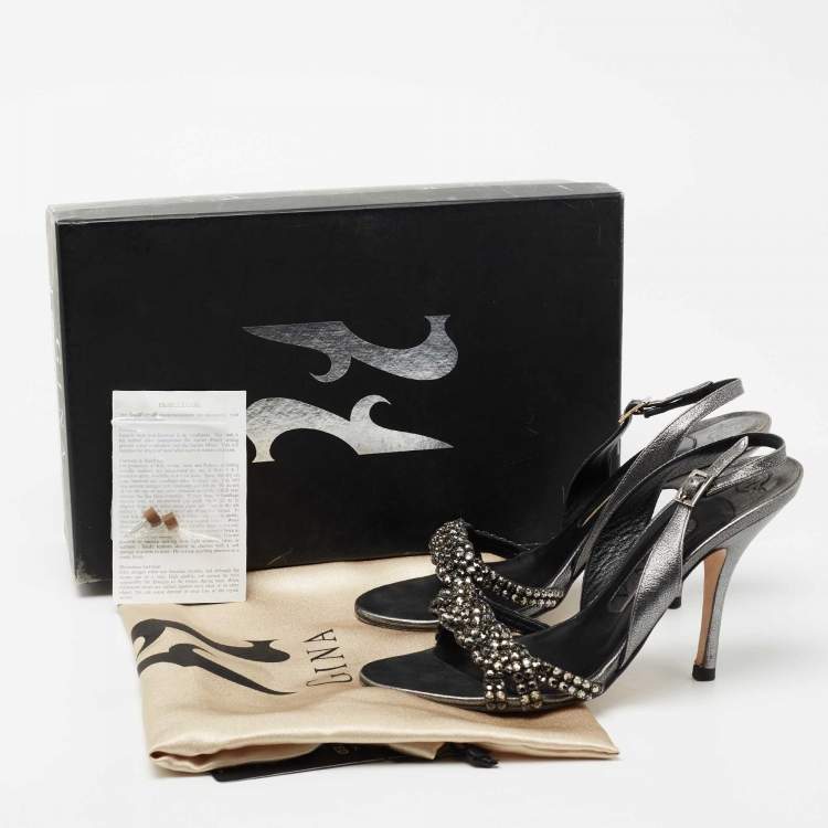 Pre Owned Gina Black Leather Crystal Embellished Slingback Sandals Size 37.5