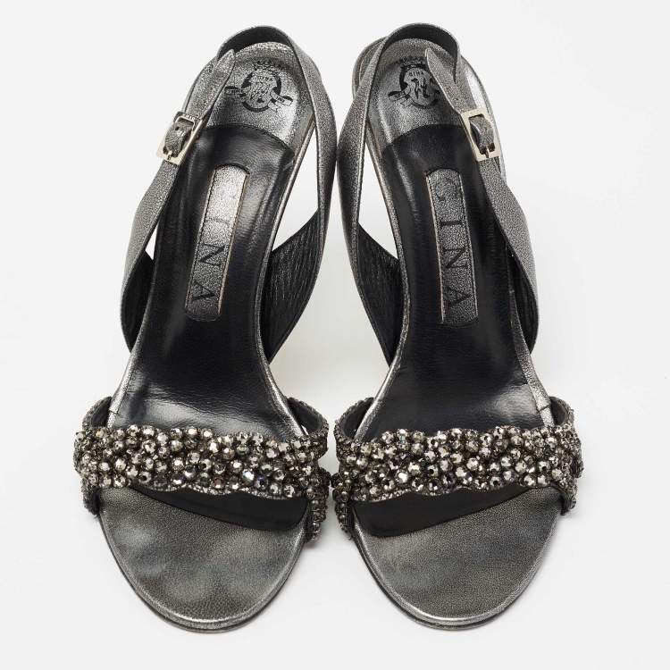 Pre Owned Gina Black Leather Crystal Embellished Slingback Sandals Size 37.5