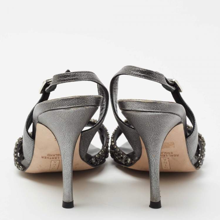 Pre Owned Gina Black Leather Crystal Embellished Slingback Sandals Size 37.5