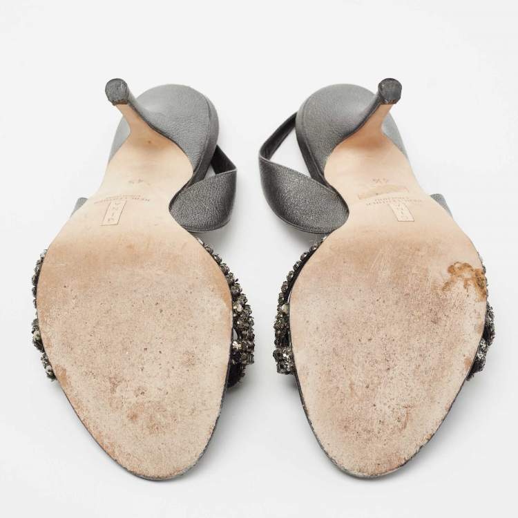 Pre Owned Gina Black Leather Crystal Embellished Slingback Sandals Size 37.5