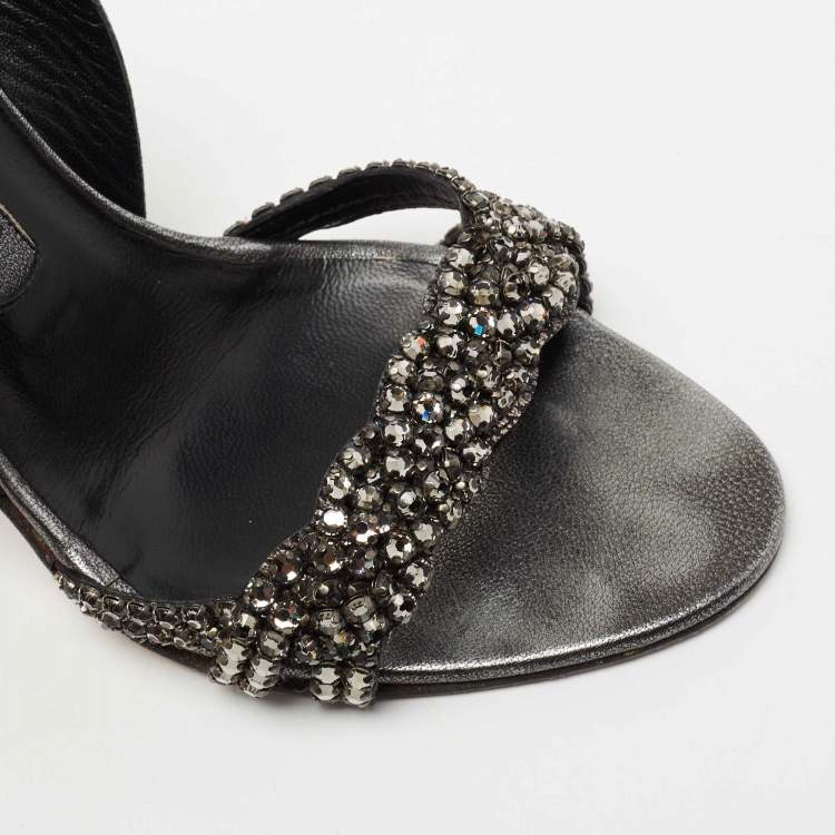 Pre Owned Gina Black Leather Crystal Embellished Slingback Sandals Size 37.5