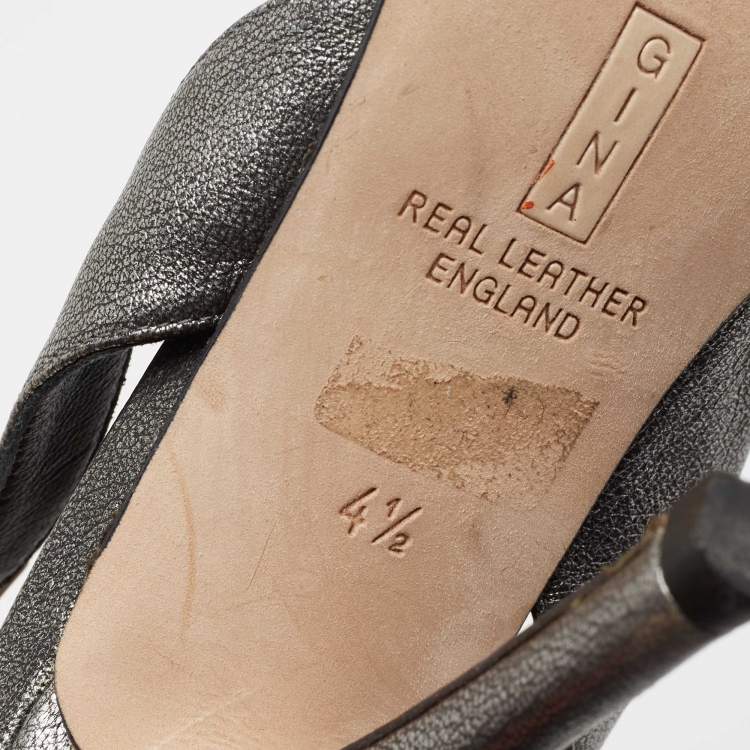 Pre Owned Gina Black Leather Crystal Embellished Slingback Sandals Size 37.5