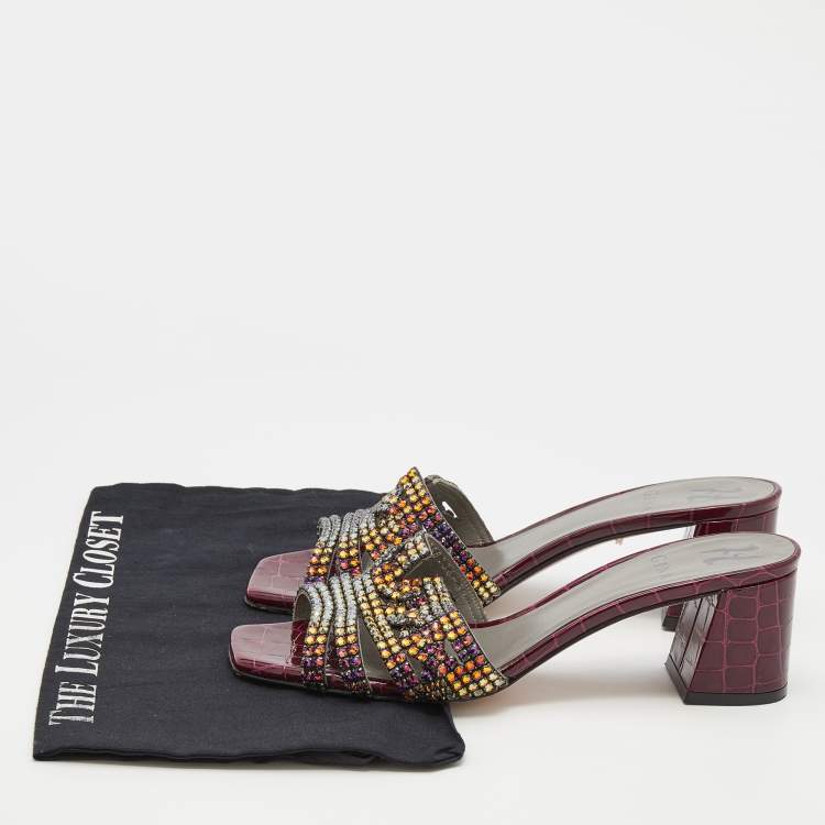 Pre Owned Gina Multicolor Crystal Embellished Leather Visage Slide Sandals Size 39