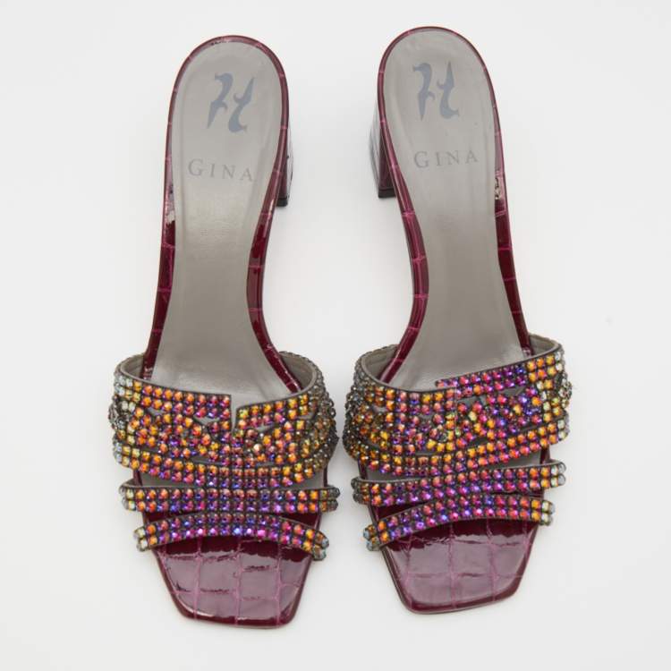 Pre Owned Gina Multicolor Crystal Embellished Leather Visage Slide Sandals Size 39