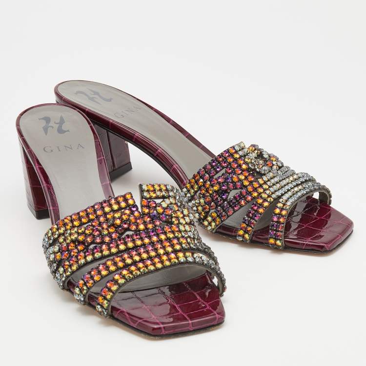 Pre Owned Gina Multicolor Crystal Embellished Leather Visage Slide Sandals Size 39