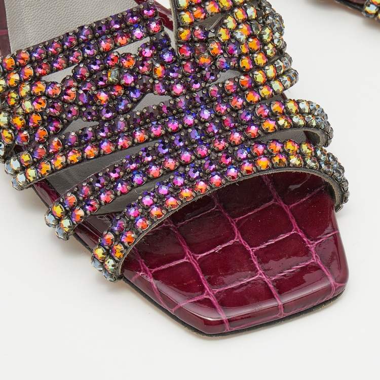 Pre Owned Gina Multicolor Crystal Embellished Leather Visage Slide Sandals Size 39