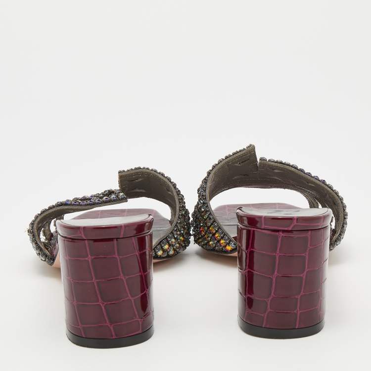 Pre Owned Gina Multicolor Crystal Embellished Leather Visage Slide Sandals Size 39