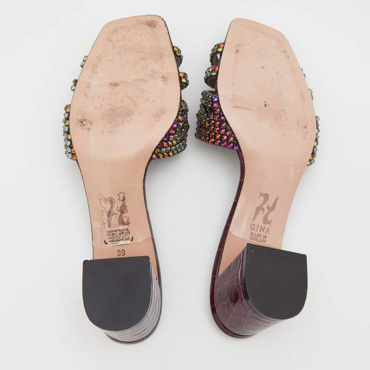 Pre Owned Gina Multicolor Crystal Embellished Leather Visage Slide Sandals Size 39