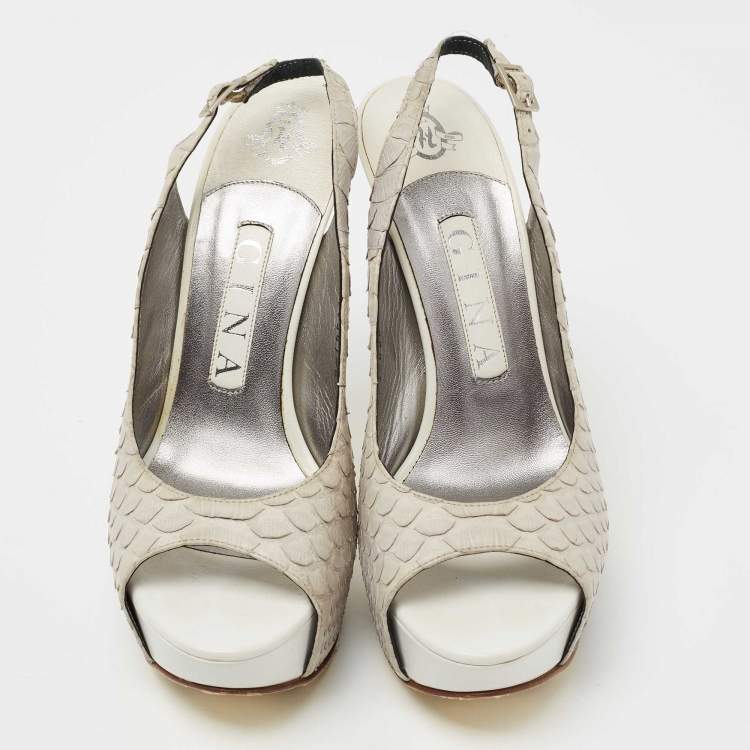Pre Owned Gina Grey Python Leather Peep-Toe Platform Slingback Sandals Size 37.5