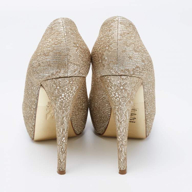 Pre Owned Gina Gold Lace and Leather Claire Platform Pumps Size 37