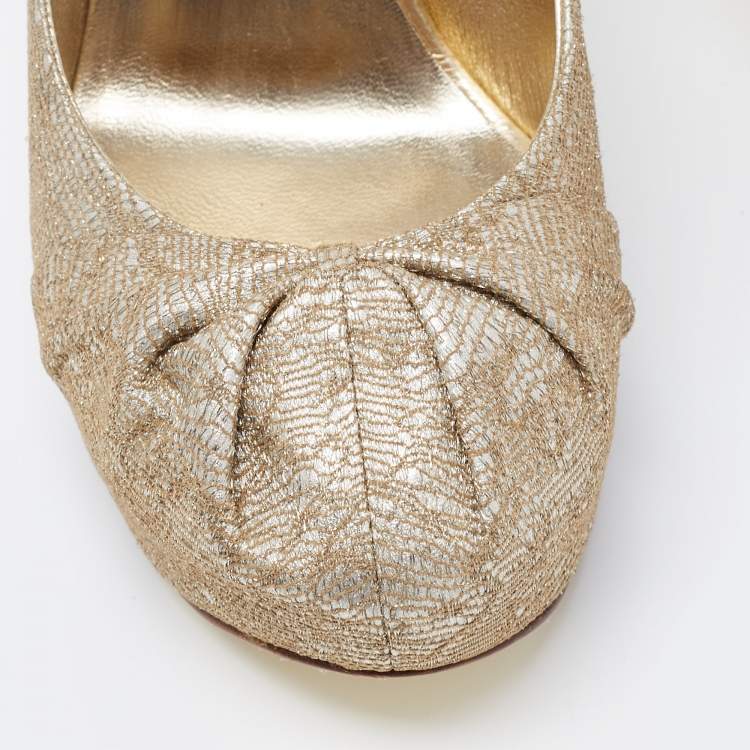 Pre Owned Gina Gold Lace and Leather Claire Platform Pumps Size 37