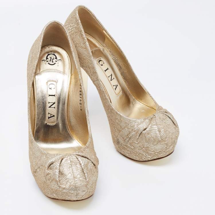 Pre Owned Gina Gold Lace and Leather Claire Platform Pumps Size 37