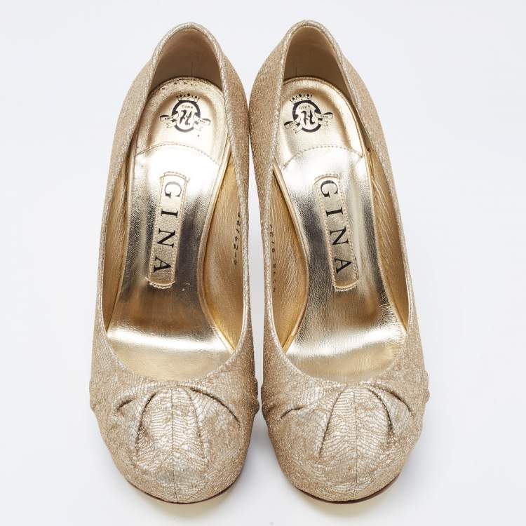 Pre Owned Gina Gold Lace and Leather Claire Platform Pumps Size 37