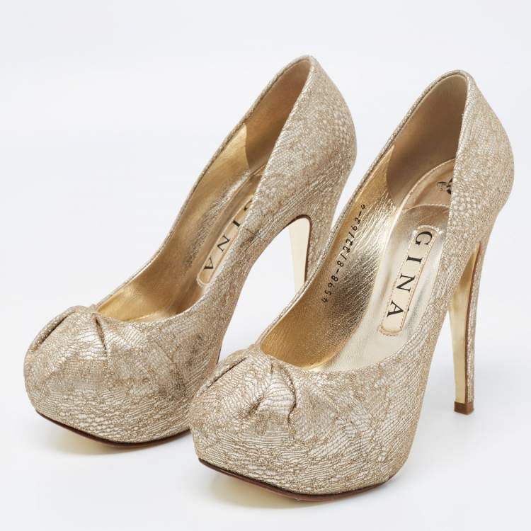 Pre Owned Gina Gold Lace and Leather Claire Platform Pumps Size 37