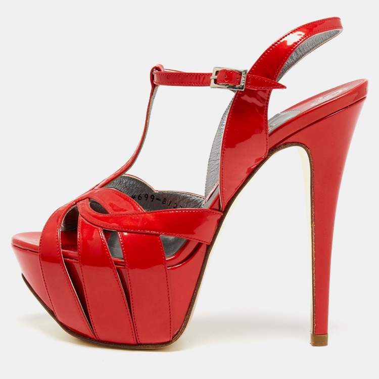 مملوكة مسبقًا Gina Red Patent Leather T-Strap Platform Sandals Size 37