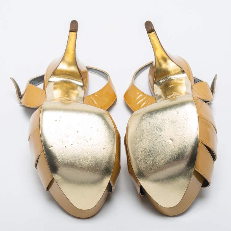 Pre Owned Gina Mustard Patent Leather T-Strap Platform Sandals Size 37