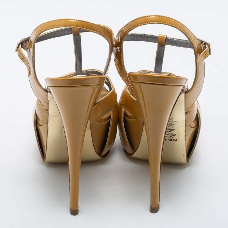 Pre Owned Gina Mustard Patent Leather T-Strap Platform Sandals Size 37