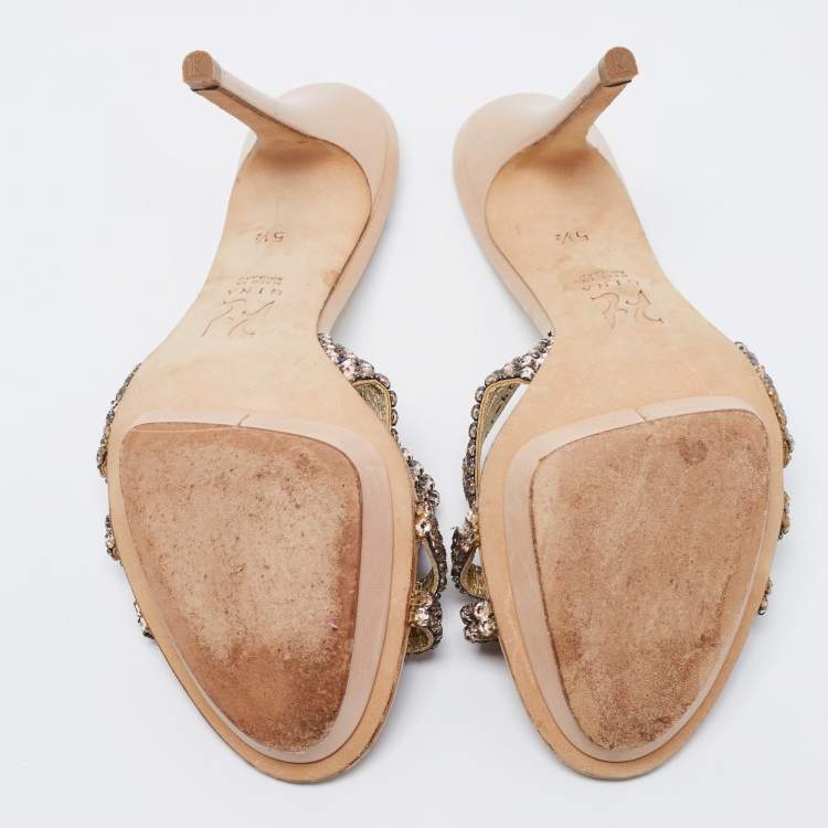 Pre Owned Gina Beige Leather Crystal Embellished Slide Sandals Size 38.5