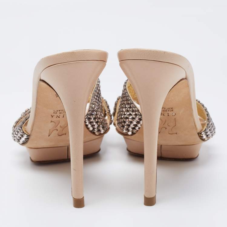 Pre Owned Gina Beige Leather Crystal Embellished Slide Sandals Size 38.5