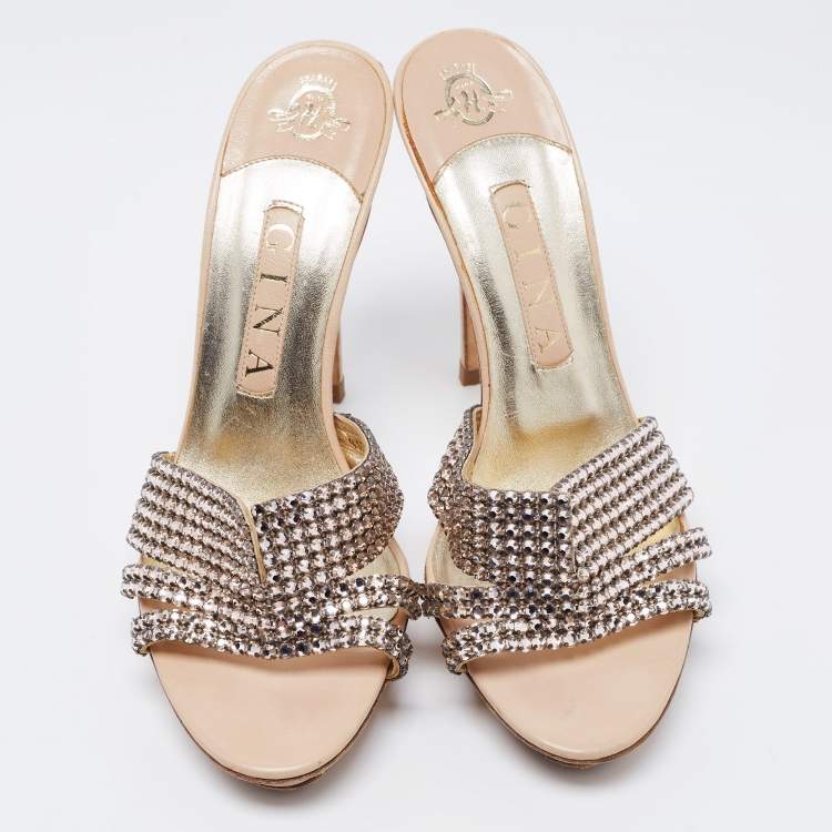 Pre Owned Gina Beige Leather Crystal Embellished Slide Sandals Size 38.5