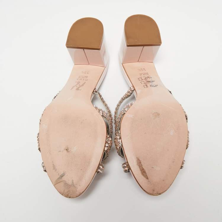 Pre Owned Gina Beige Leather Crystals Embellished Slide Sandals Size 39.5