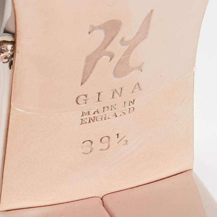 Pre Owned Gina Beige Leather Crystals Embellished Slide Sandals Size 39.5