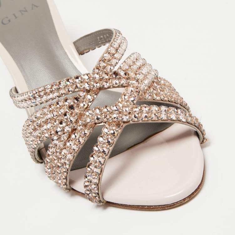Pre Owned Gina Beige Leather Crystals Embellished Slide Sandals Size 39.5