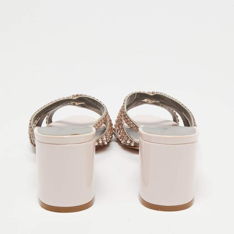 Pre Owned Gina Beige Leather Crystals Embellished Slide Sandals Size 39.5