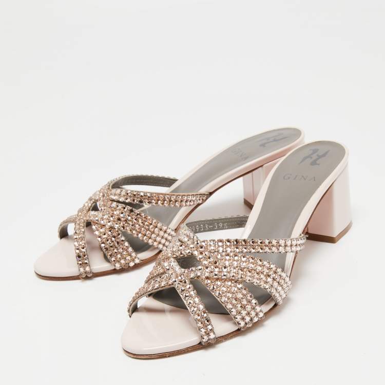Pre Owned Gina Beige Leather Crystals Embellished Slide Sandals Size 39.5