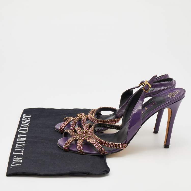 Pre Owned Gina Purple Patent Leather Crystal Embellished Slingback Sandals Size 40.5