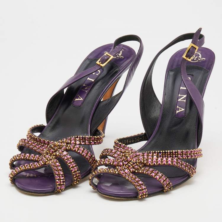 Pre Owned Gina Purple Patent Leather Crystal Embellished Slingback Sandals Size 40.5