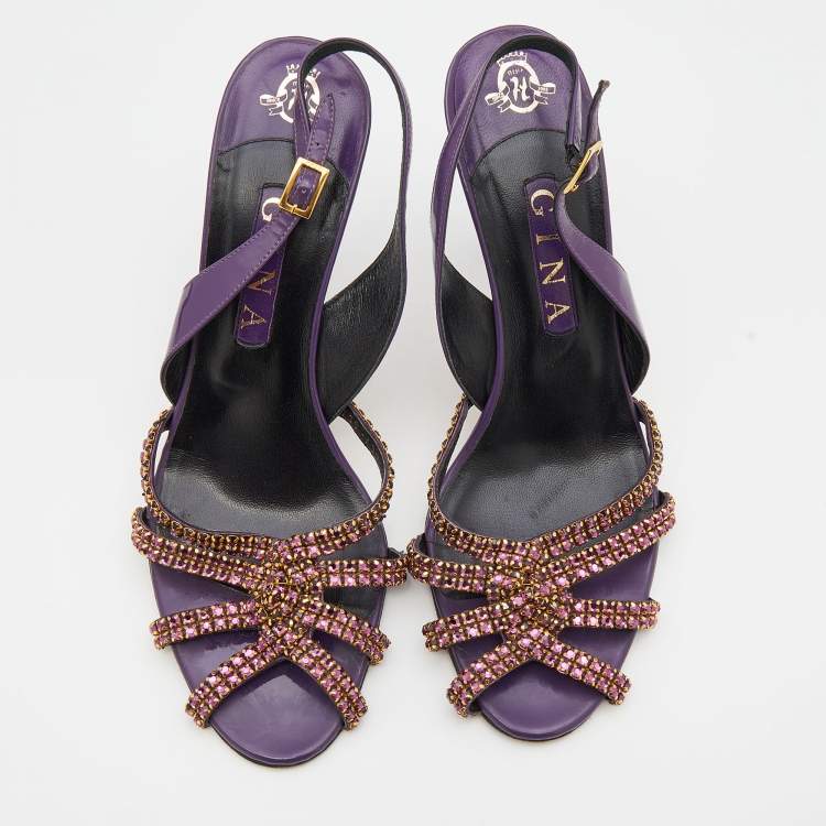 Pre Owned Gina Purple Patent Leather Crystal Embellished Slingback Sandals Size 40.5