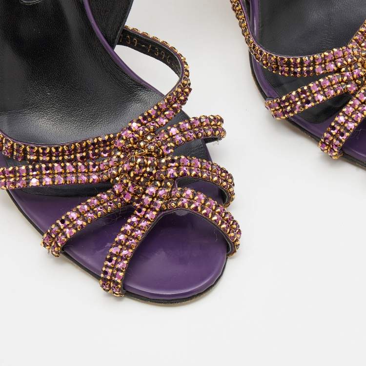 Pre Owned Gina Purple Patent Leather Crystal Embellished Slingback Sandals Size 40.5