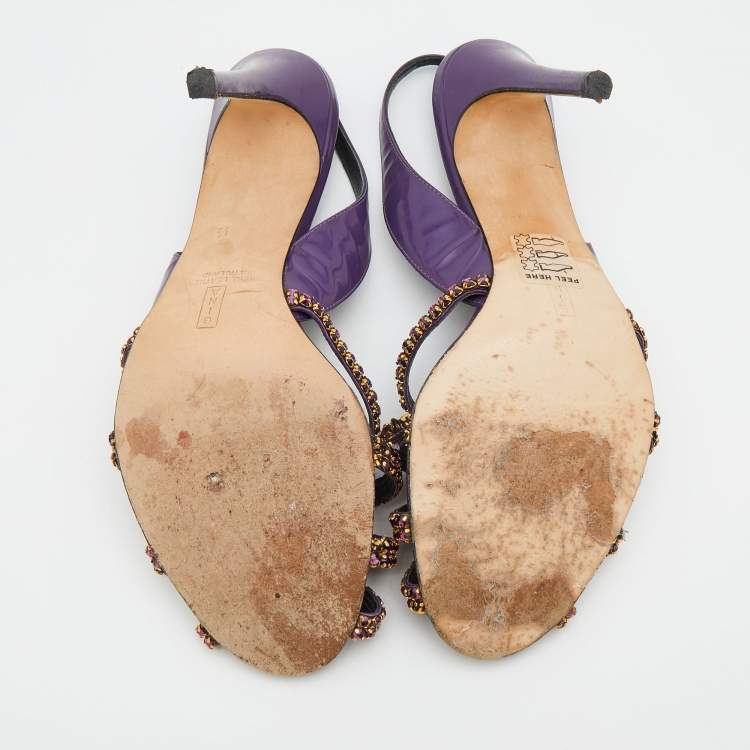 Pre Owned Gina Purple Patent Leather Crystal Embellished Slingback Sandals Size 40.5