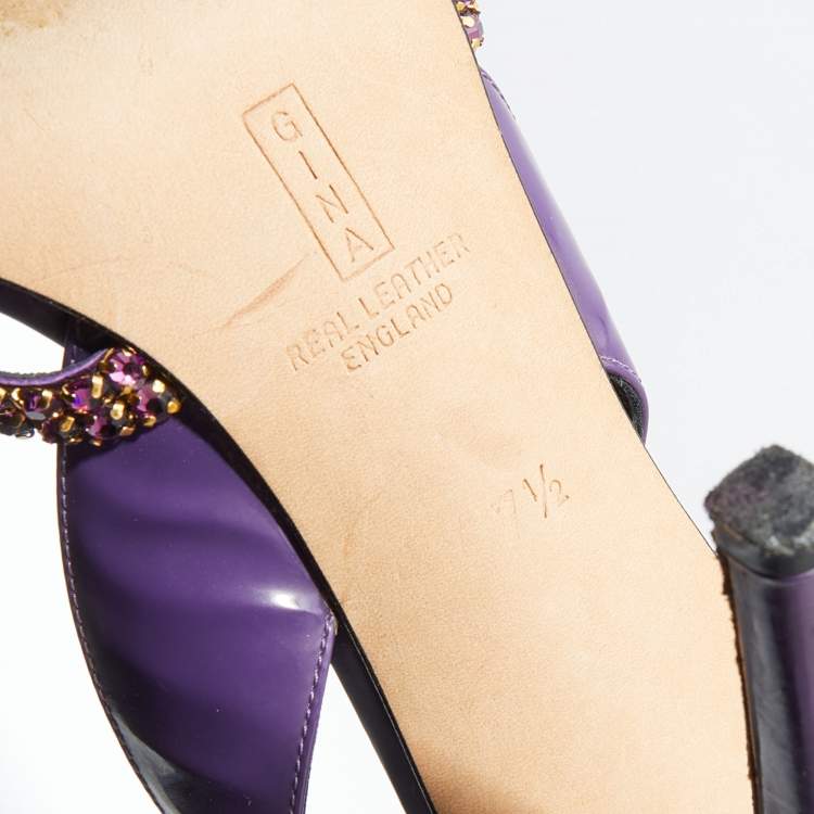 Pre Owned Gina Purple Patent Leather Crystal Embellished Slingback Sandals Size 40.5